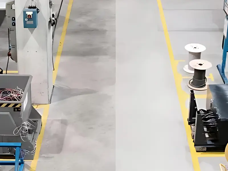 Piso industrial limpio con líneas de demarcación vial amarillas recién pintadas para delimitar zonas de seguridad.