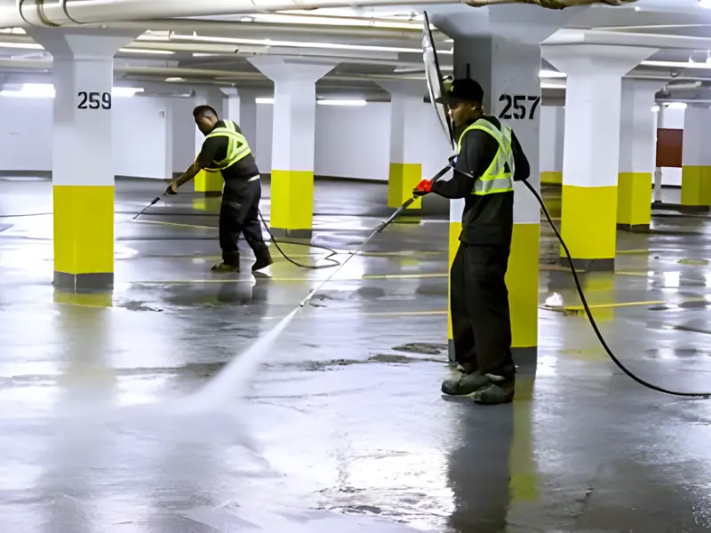 Operarios realizando hidrolavado y desengrase de pisos en un estacionamiento subterráneo con pilares demarcados.